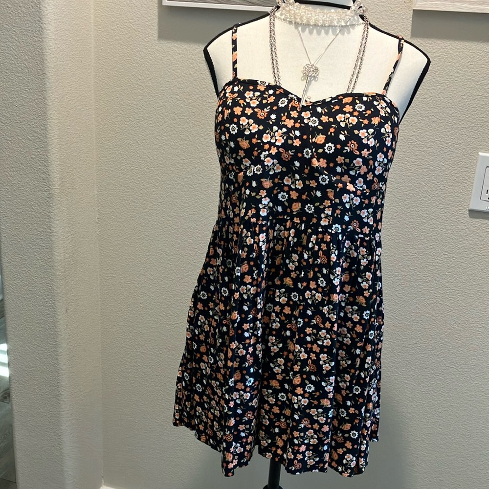 NWT Black Floral Dress adjustable straps padding in bust area smocked in back